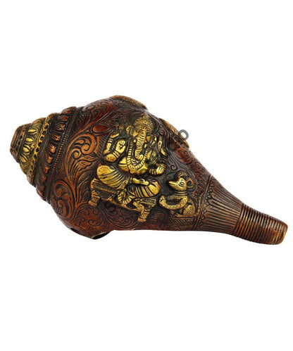 Brass handcrafted sculpture fine shankh cooch ganesha engraved showpiece 5" by vendor-unknown - Spiritual