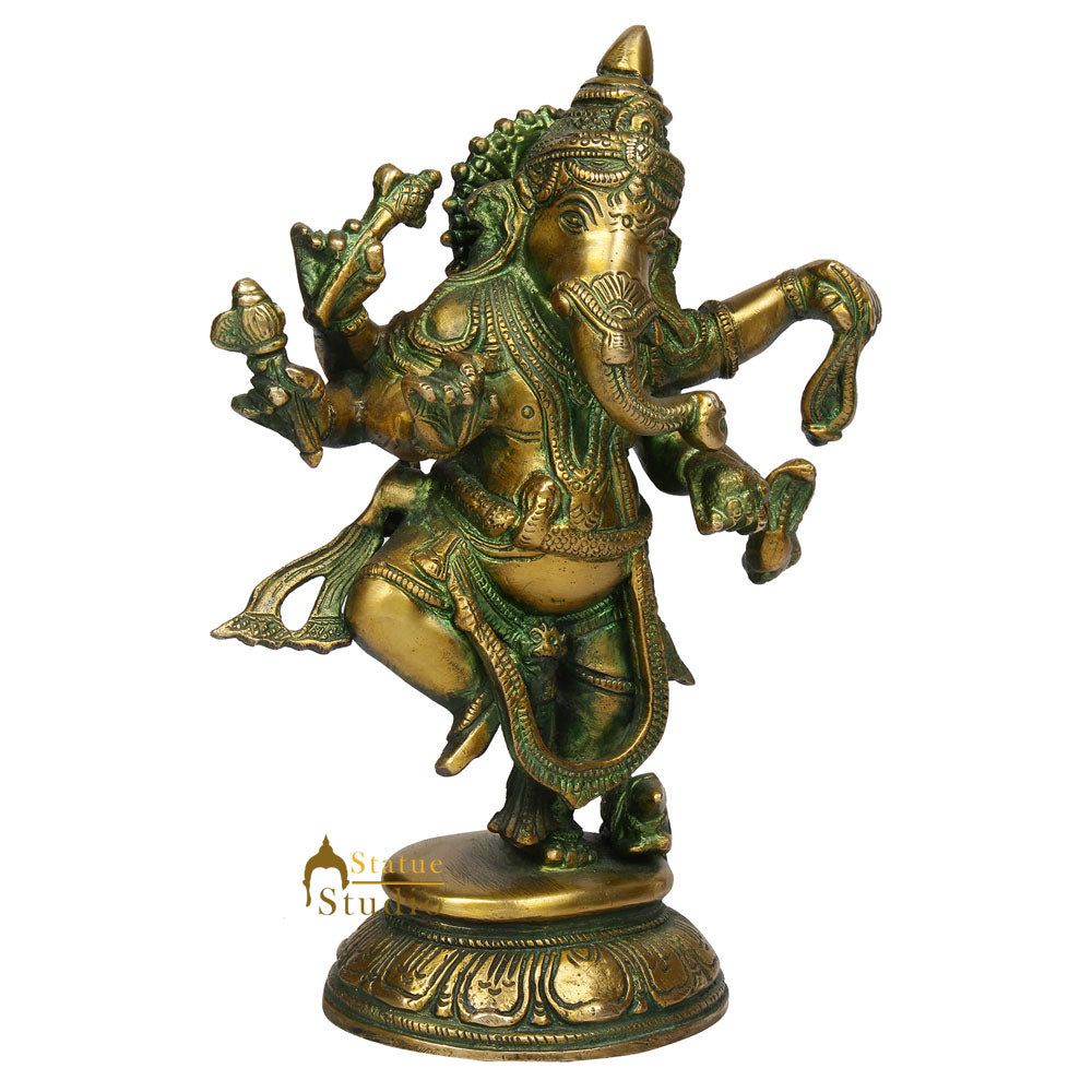 Exclusive Antique Green Finish Dancing Ganpati Idol Ganesh Murti Décor Statue 9" - Image 4