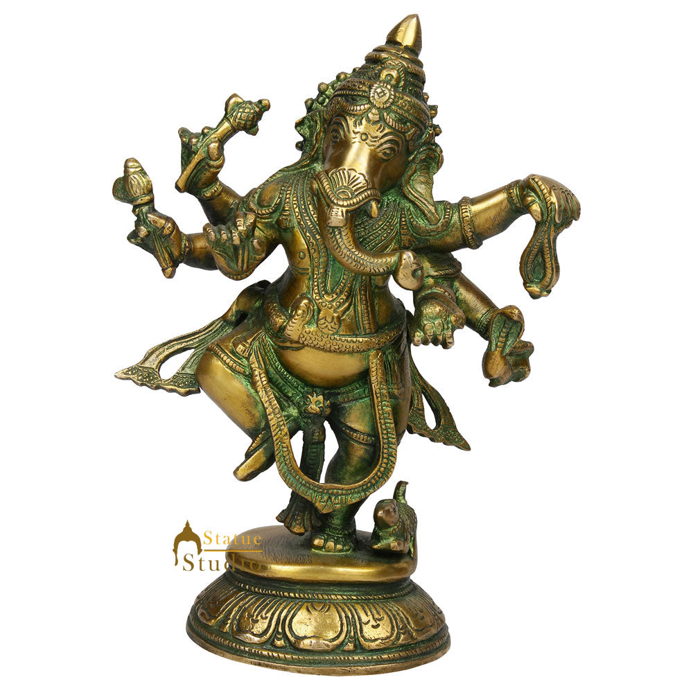 Exclusive Antique Green Finish Dancing Ganpati Idol Ganesh Murti Décor Statue 9" - Image 3