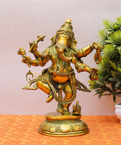 Exclusive Antique Green Finish Dancing Ganpati Idol Ganesh Murti Décor Statue 9" by vendor-unknown - Hindu Gods (View 2)
