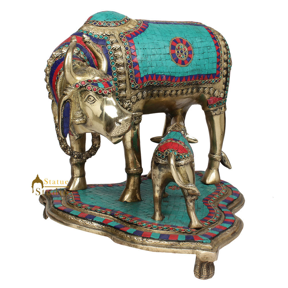 Indian Hindu Sacred Holy Cow Calf Pair Lucky Décor Gift Inlay Statue 16" - Image 4