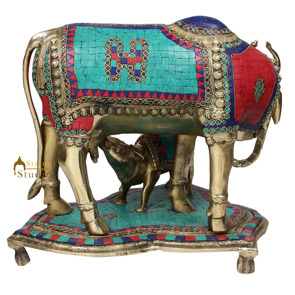 Indian Hindu Sacred Holy Cow Calf Pair Lucky Décor Gift Inlay Statue 16"