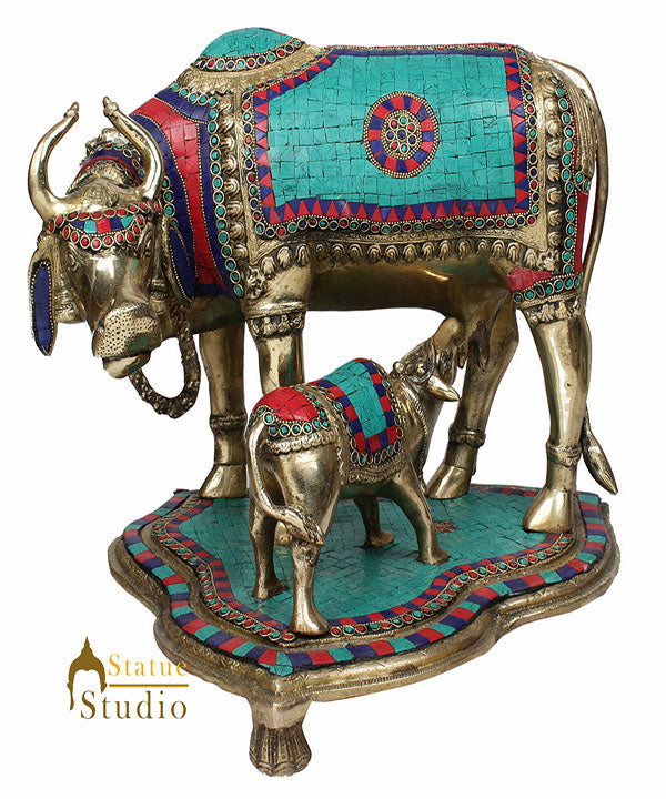 Indian Hindu Sacred Holy Cow Calf Pair Lucky Décor Gift Inlay Statue 16"