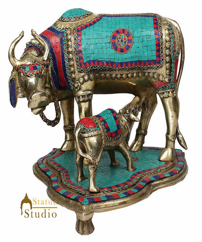 Indian Hindu Sacred Holy Cow Calf Pair Lucky Décor Gift Inlay Statue 16" by vendor-unknown - Spiritual (View 3)
