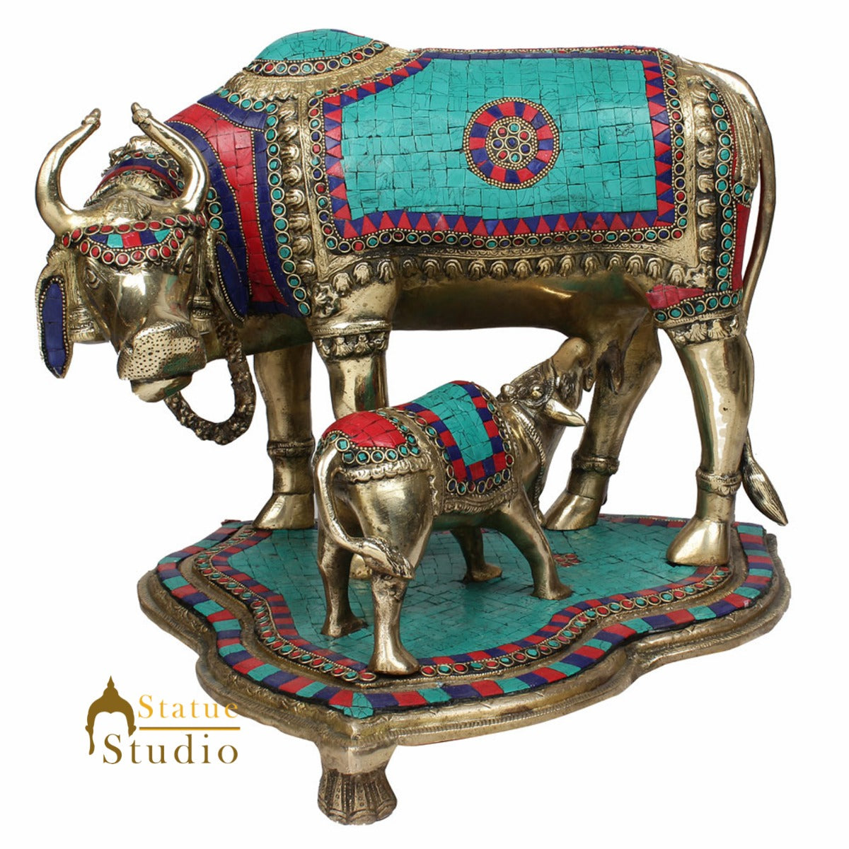 Indian Hindu Sacred Holy Cow Calf Pair Lucky Décor Gift Inlay Statue 16" - Image 2