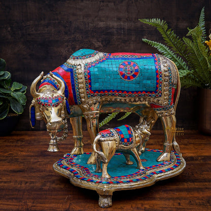 Indian Hindu Sacred Holy Cow Calf Pair Lucky Décor Gift Inlay Statue 16" by vendor-unknown - Spiritual