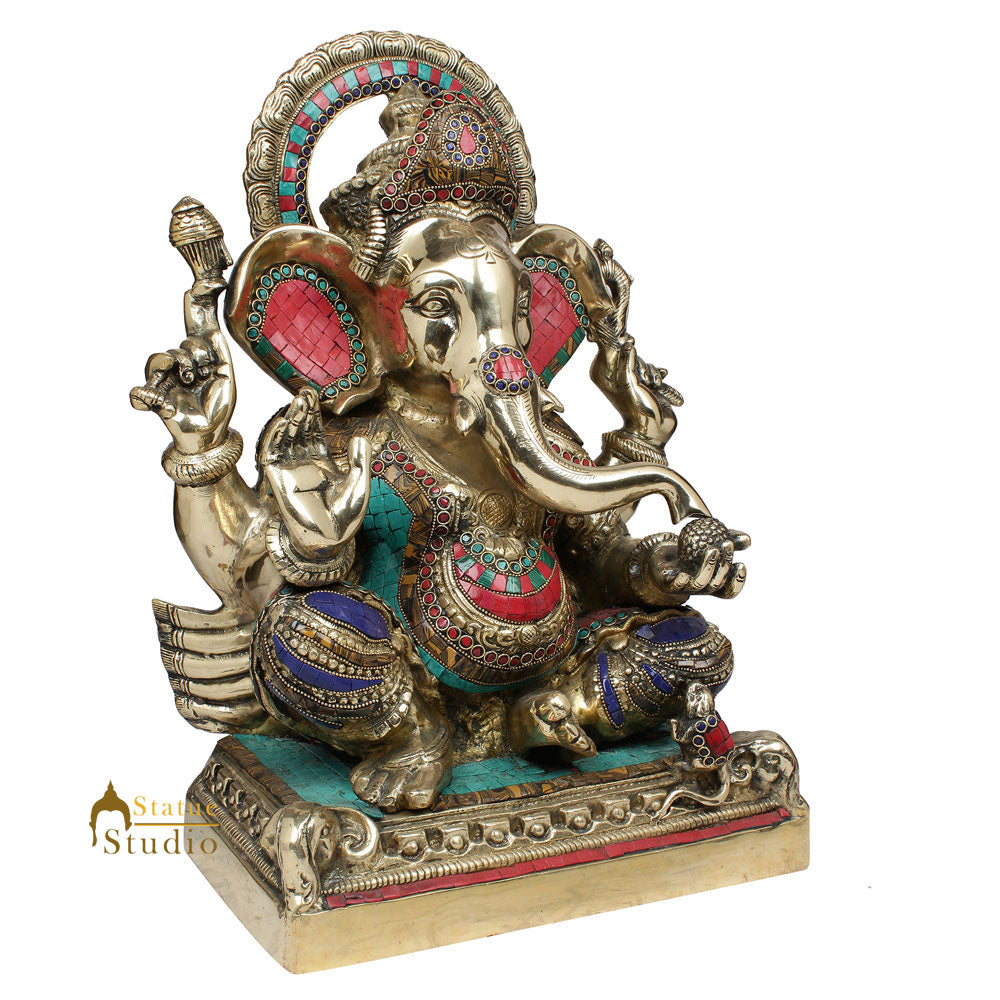 Large Size Ganesha Fine Inlay Ganpati Moorti Décor Gift Idol Statue Lucky 19" - Image 3