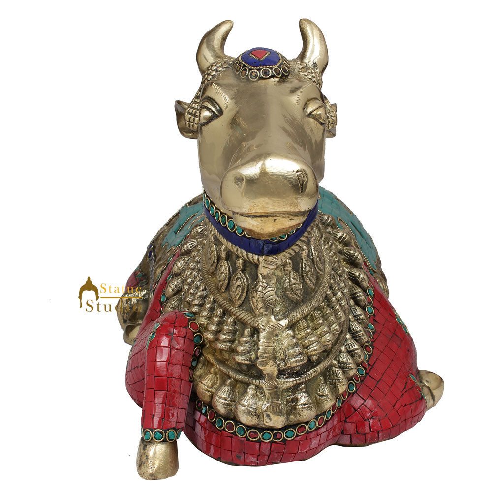 Brass Nandi Statue Fine Inlay Work Idol Figure For Temple Home Decor 20" - Image 3