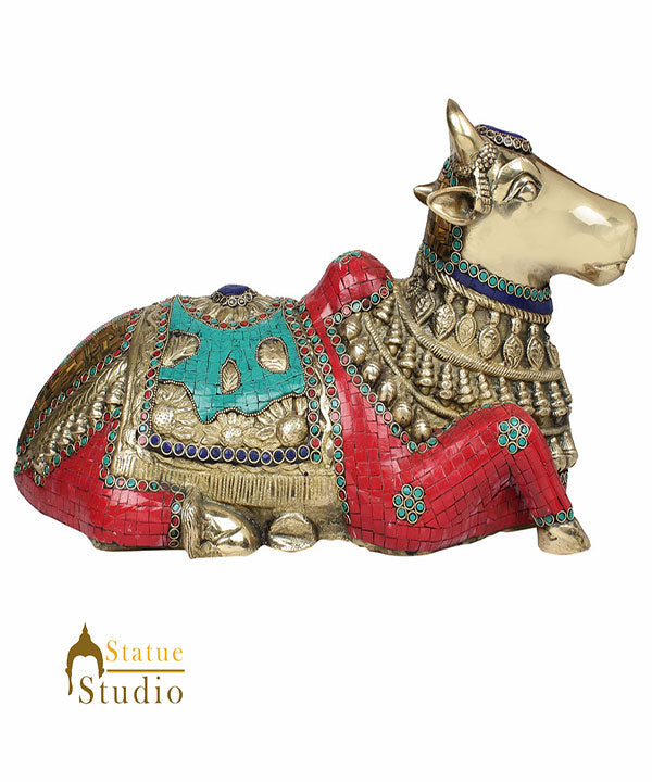 Brass Nandi Statue Fine Inlay Work Idol Figure For Temple Home Decor 20" - Image 2