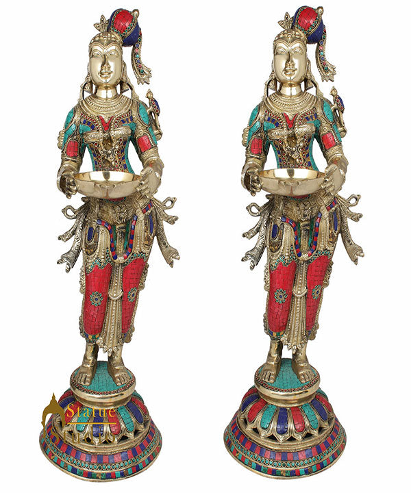 Large Celestial Diwali Fengshui Vastu Décor Deeplaxmi Pair Inlay Statue 2.5 Feet - Eco-friendly - Sama Homes