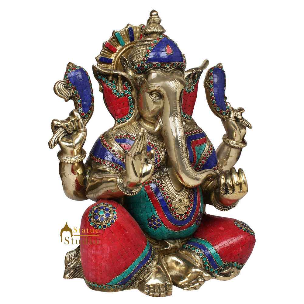 Large Size Ganesha Fine Inlay Ganpati Murti Décor Gift Idol Lucky Statue 21" - Image 3