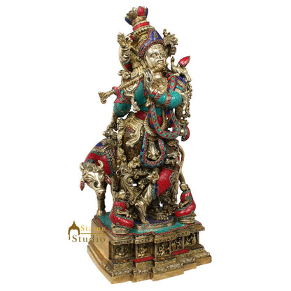 Large Indian God Krishna Murli Manohar With Cow Inlay Idol Statue Figure 28" by vendor-unknown - Hindu Gods (View 3)