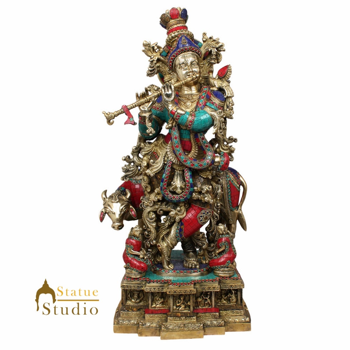 Large Indian God Krishna Murli Manohar With Cow Inlay Idol Statue Figure 28" - Eco-friendly - Sama Homes