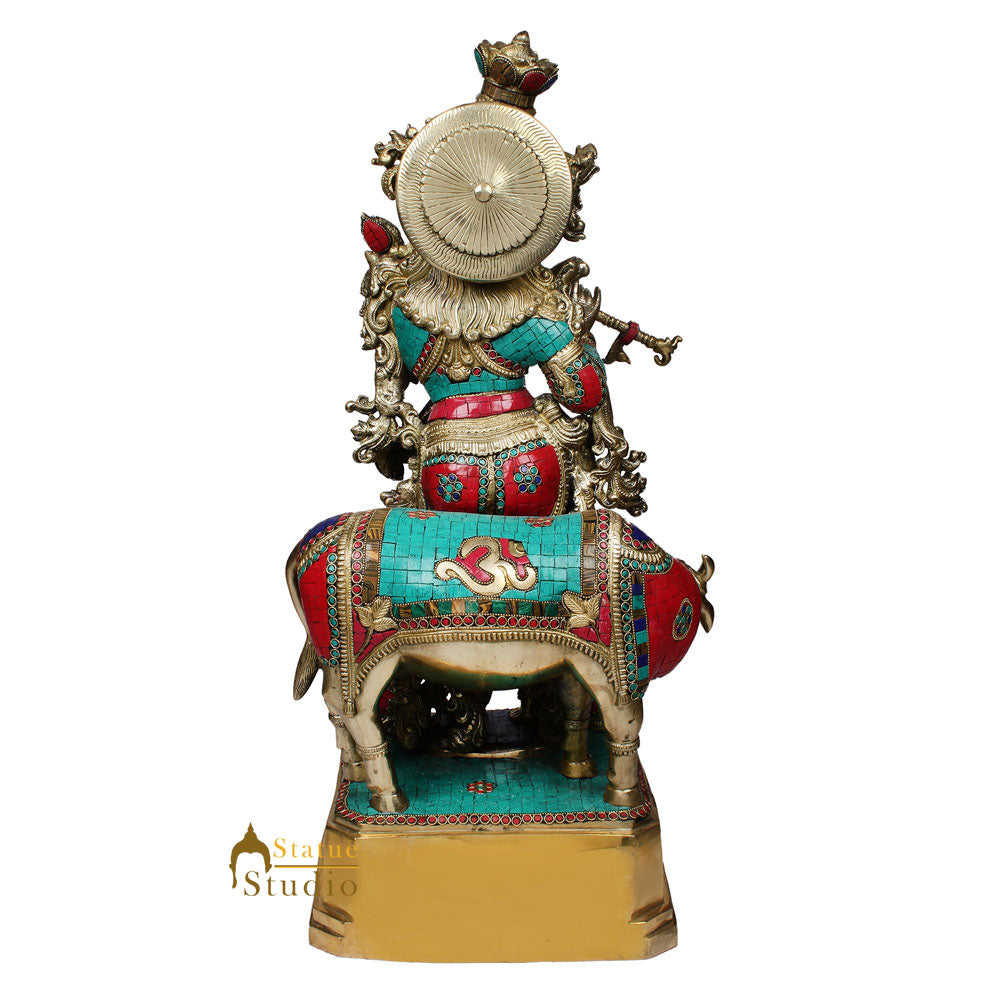Large Indian God Krishna Murli Manohar With Cow Inlay Idol Statue Figure 28" - Image 4