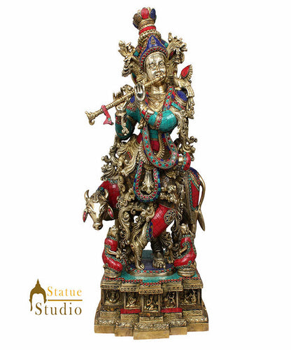 Large Indian God Krishna Murli Manohar With Cow Inlay Idol Statue Figure 28" by vendor-unknown - Hindu Gods (View 2)