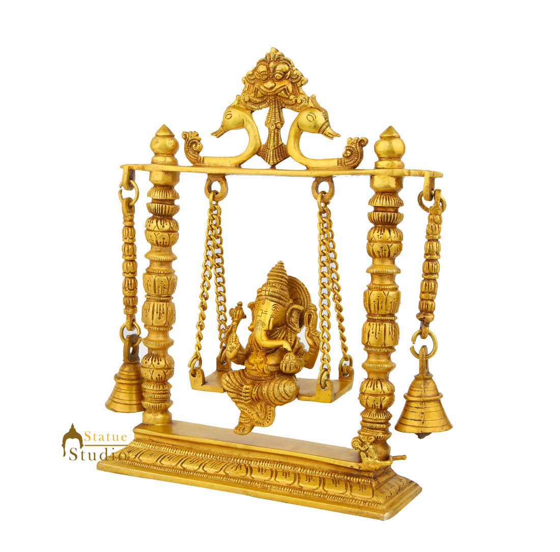 Brass Ganesha Idol On Swing With Bells For Home Decor Gift 10" - Image 3