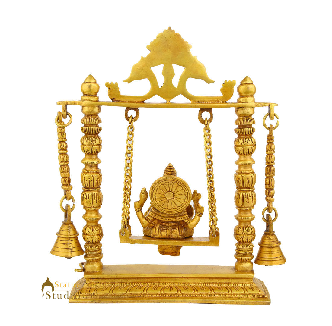 Brass Ganesha Idol On Swing With Bells For Home Decor Gift 10"