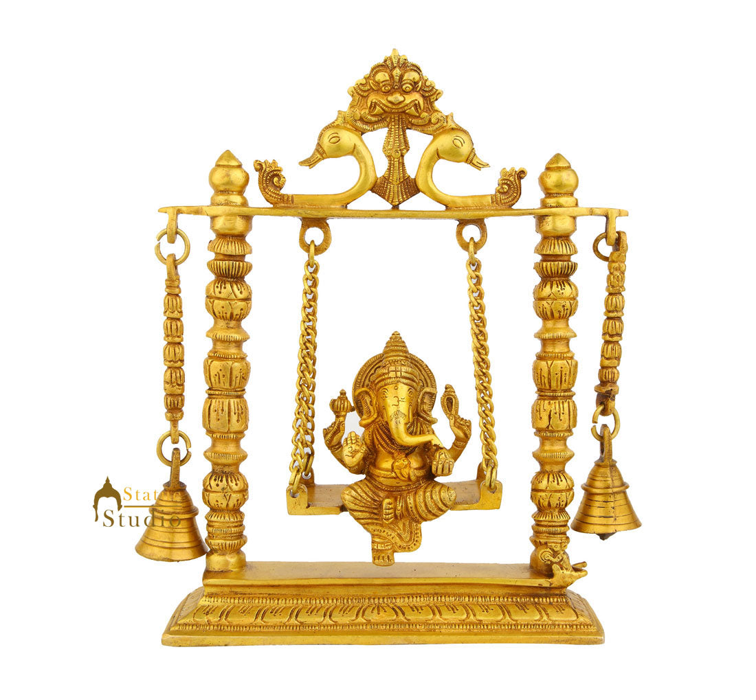 Brass Ganesha Idol On Swing With Bells For Home Decor Gift 10" - Image 2