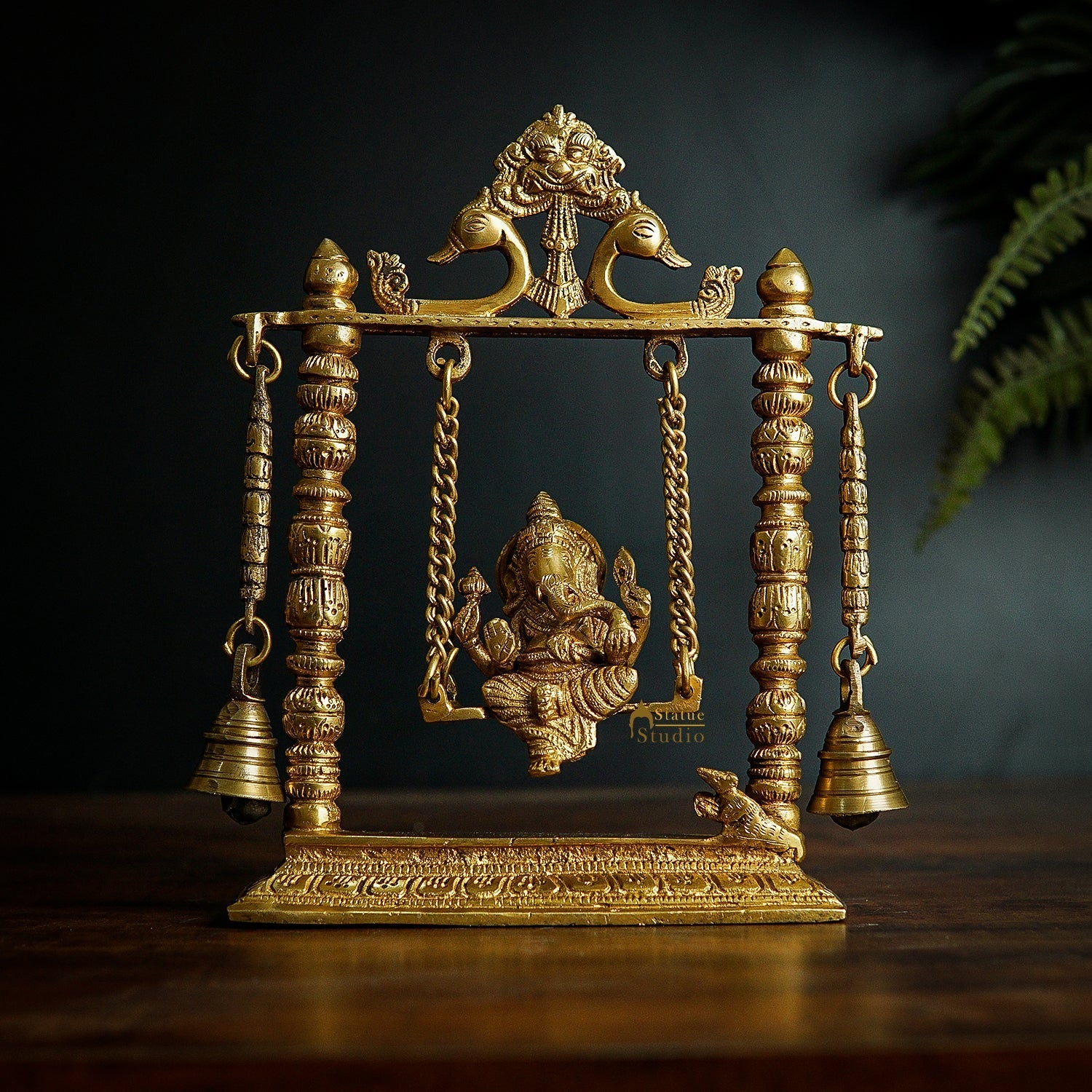 Brass Ganesha Idol On Swing With Bells For Home Decor Gift 10" - Eco-friendly - Sama Homes