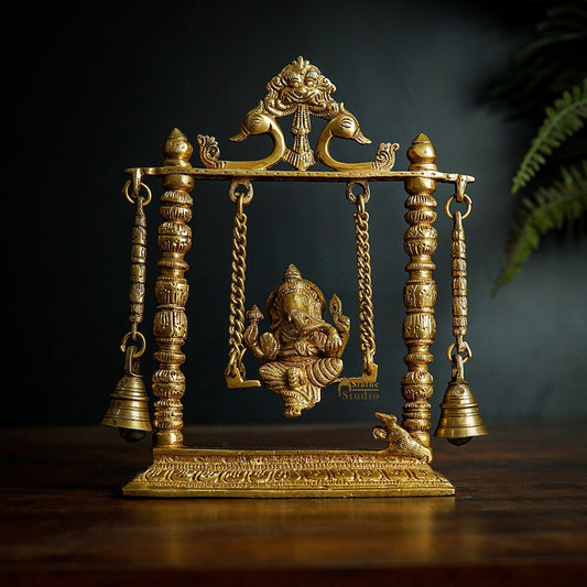 Brass Ganesha Idol On Swing With Bells For Home Decor Gift 10"
