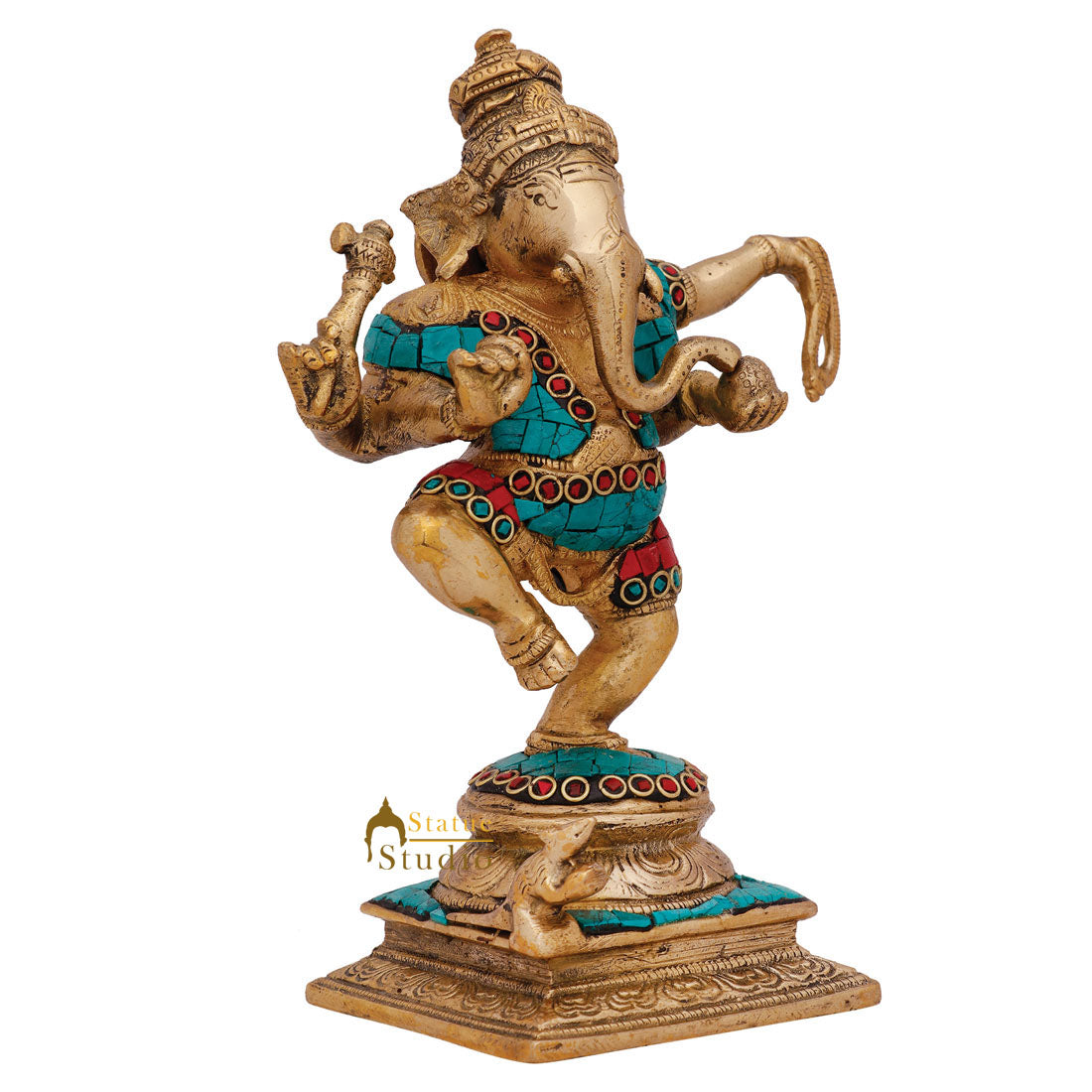 Indian Hand Crafted Dancing Ganesh Idol Ganpat Statue Fine Inlay Décor Murti 8"