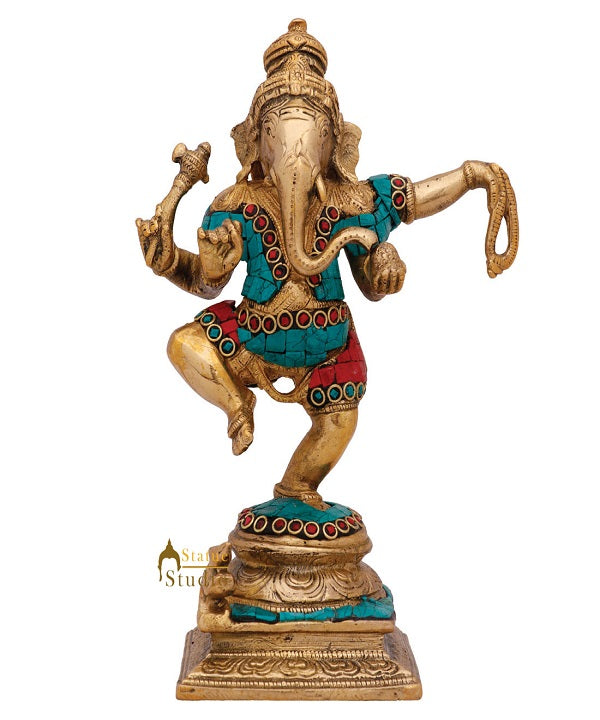 Indian Hand Crafted Dancing Ganesh Idol Ganpat Statue Fine Inlay Décor Murti 8" - Eco-friendly - Sama Homes