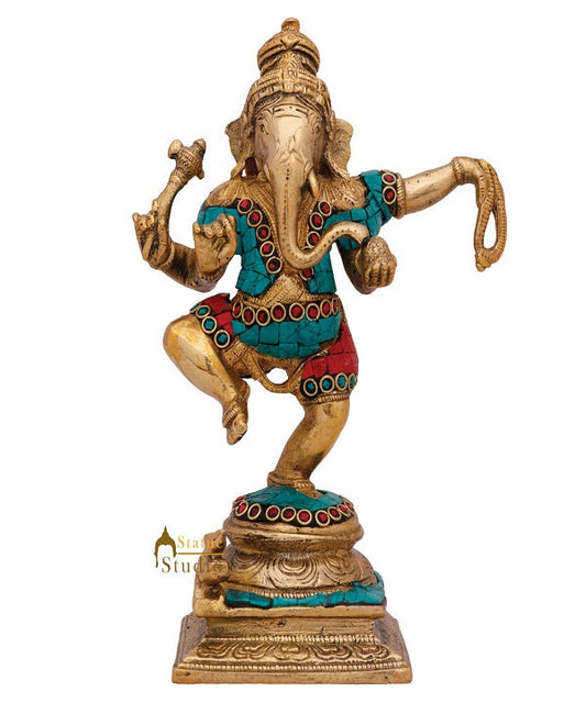 Indian Hand Crafted Dancing Ganesh Idol Ganpat Statue Fine Inlay Décor Murti 8"