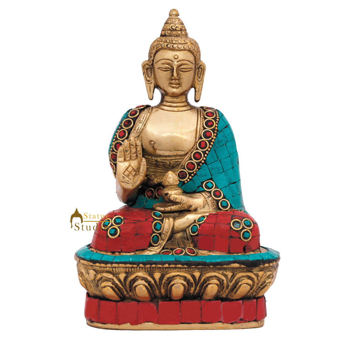 Brass Small Blessing Buddha Idol Stone Work For Home Décor Gift 7" - Image 4