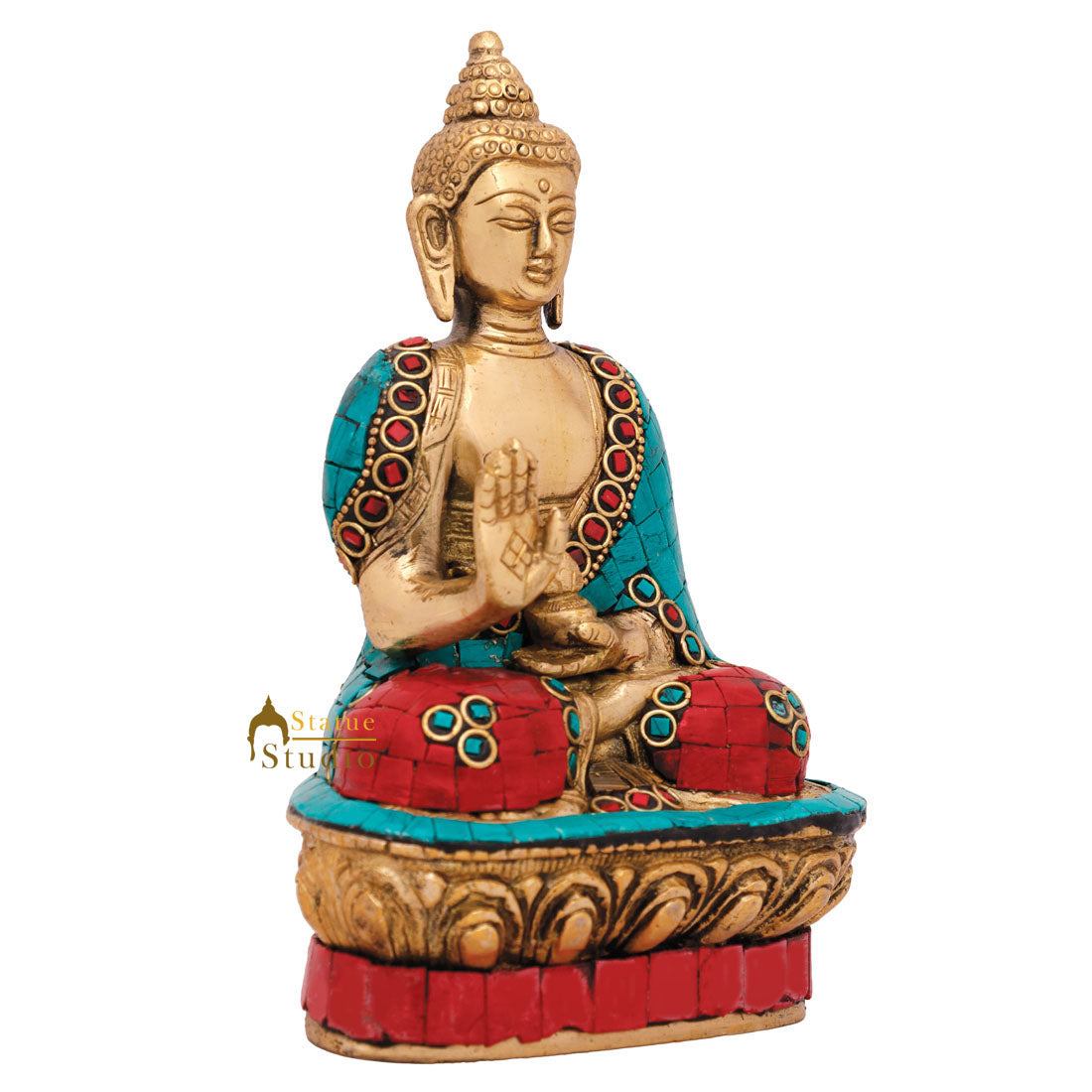 Brass Small Blessing Buddha Idol Stone Work For Home Décor Gift 7" - Image 5