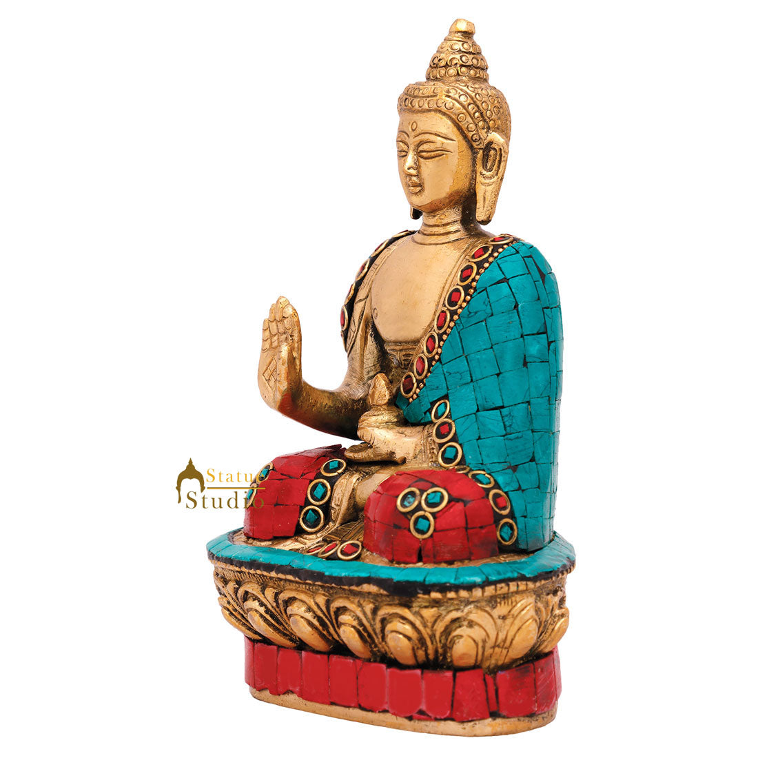 Brass Small Blessing Buddha Idol Stone Work For Home Décor Gift 7" - Image 6