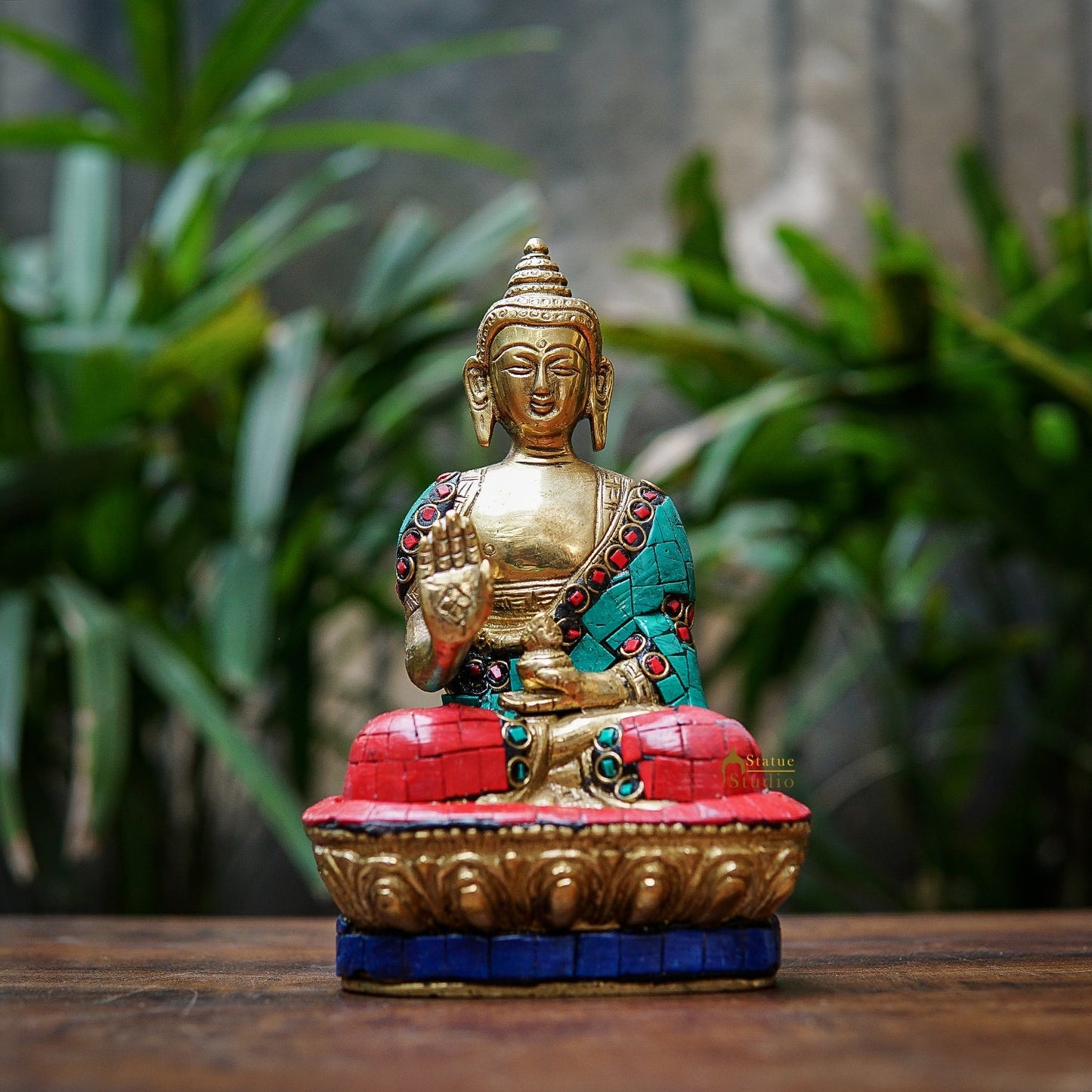 Brass Small Blessing Buddha Idol Stone Work For Home Décor Gift 7"