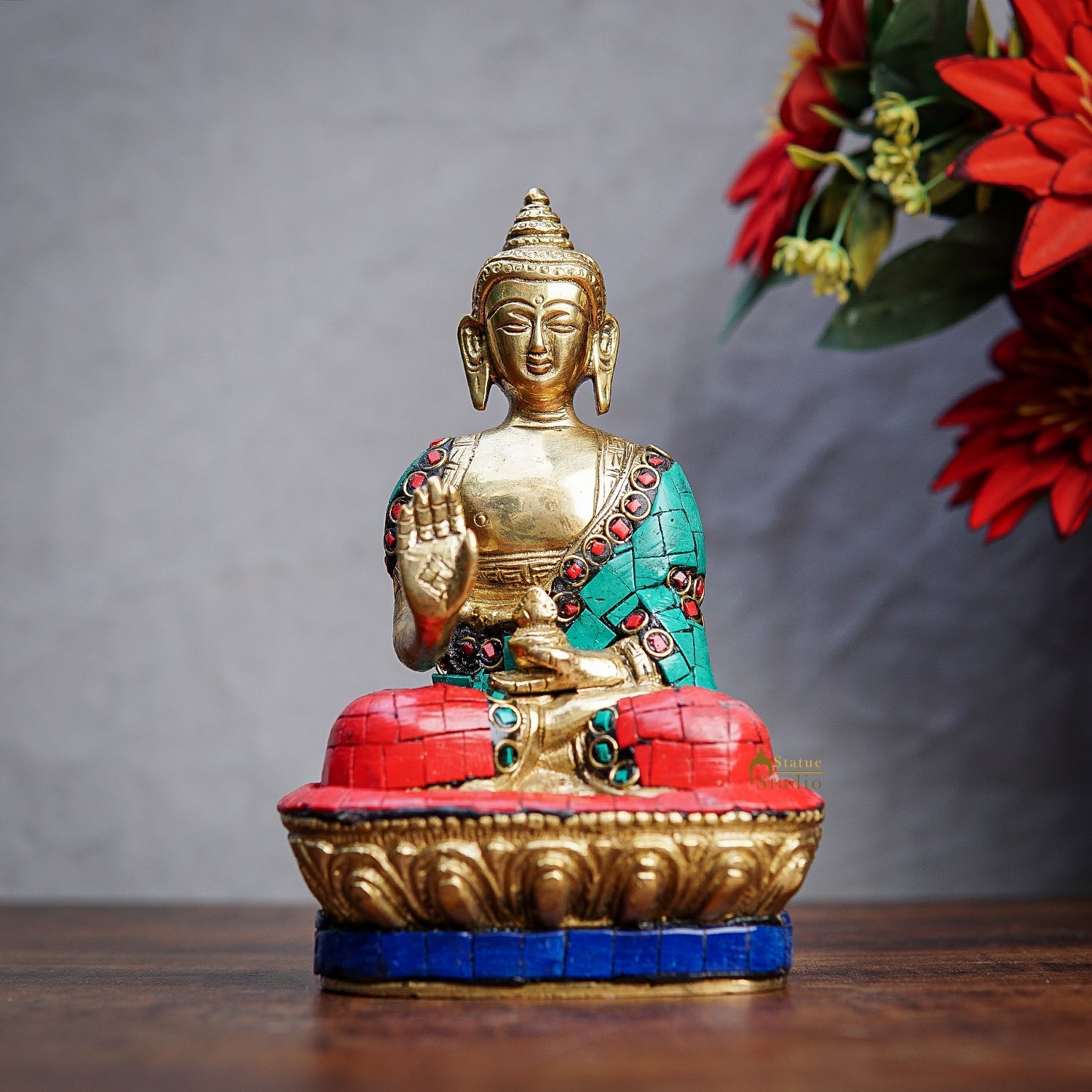Brass Small Blessing Buddha Idol Stone Work For Home Décor Gift 7" - Image 2
