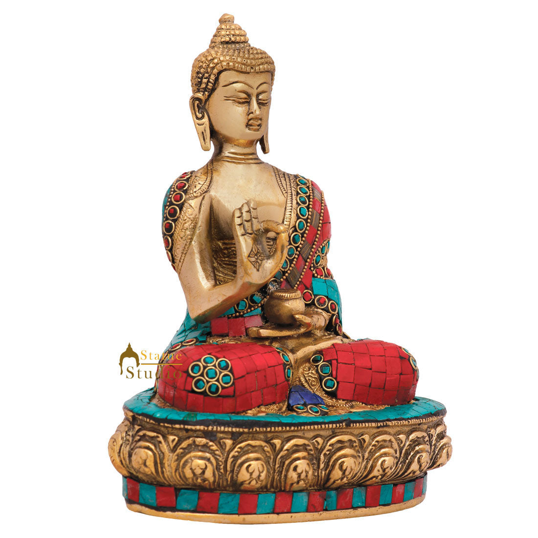 Indian Inlay Fine Tibet Buddhist Deity Lord Buddha Statue Décor Gift Idol 9"
