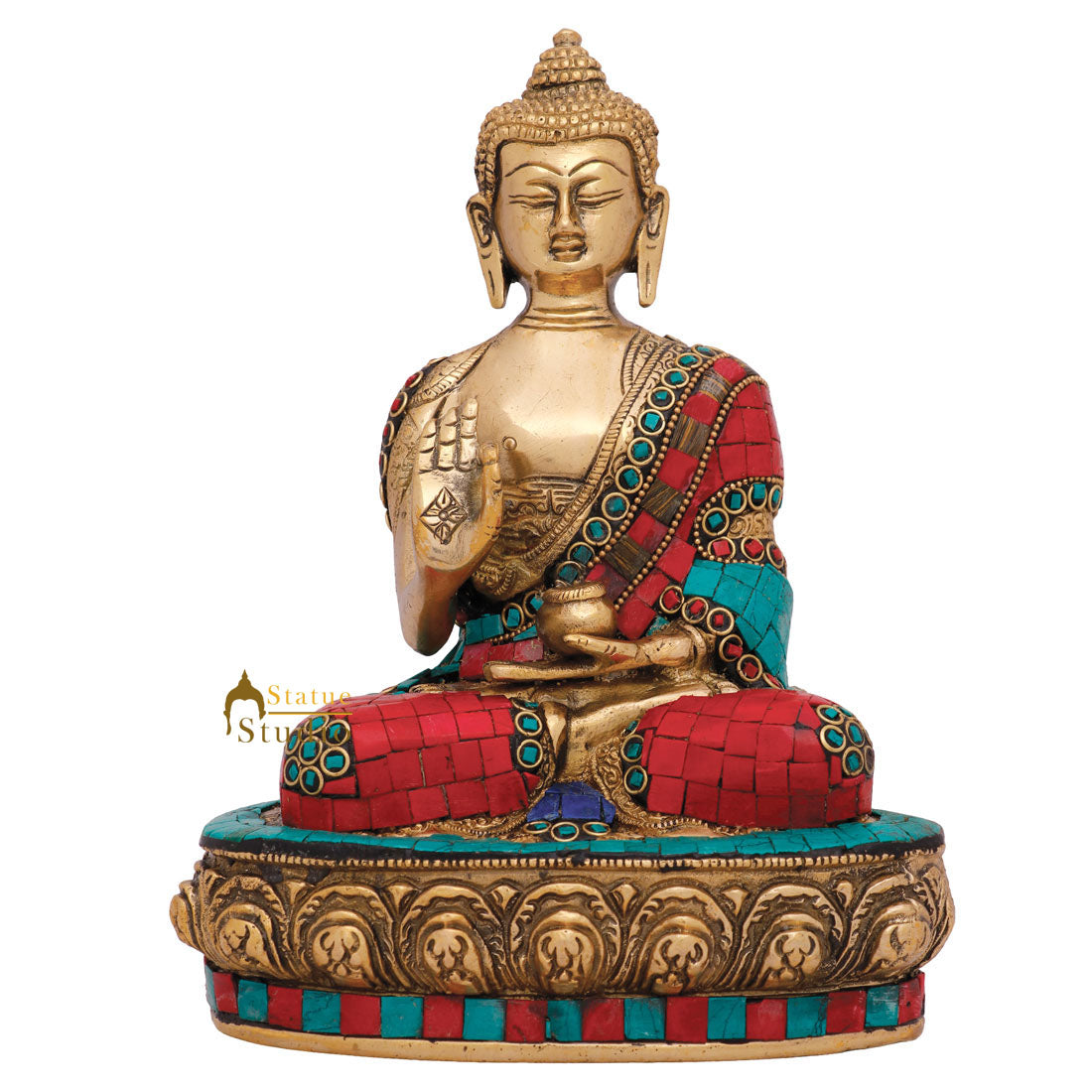 Indian Inlay Fine Tibet Buddhist Deity Lord Buddha Statue Décor Gift Idol 9"