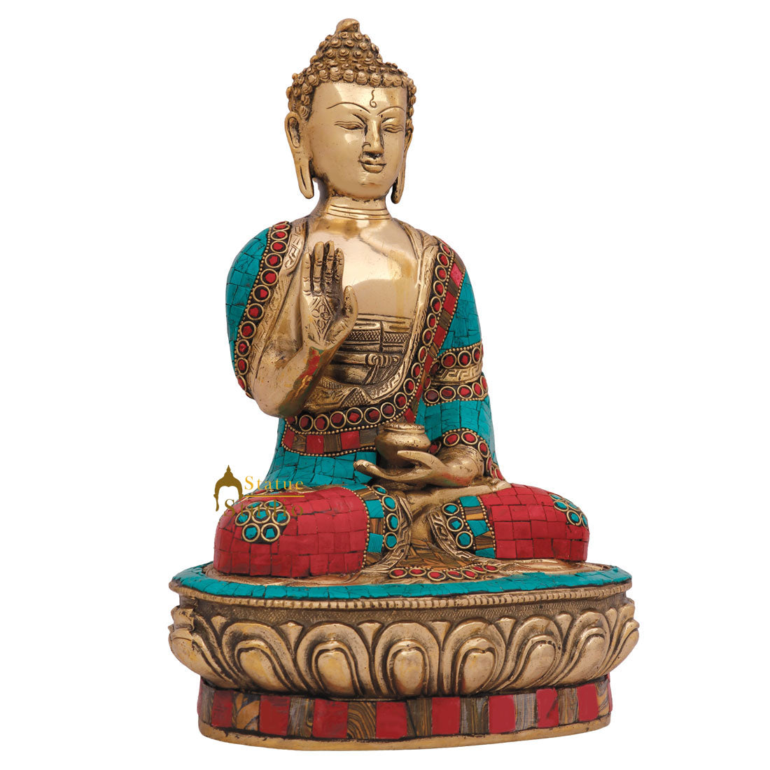 Indian Brass Chinese Buddhism Sakyamuni Buddha Statue Inlay Idol Décor Item 12" - Image 4