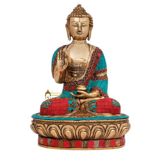 Indian Brass Chinese Buddhism Sakyamuni Buddha Statue Inlay Idol Décor Item 12"