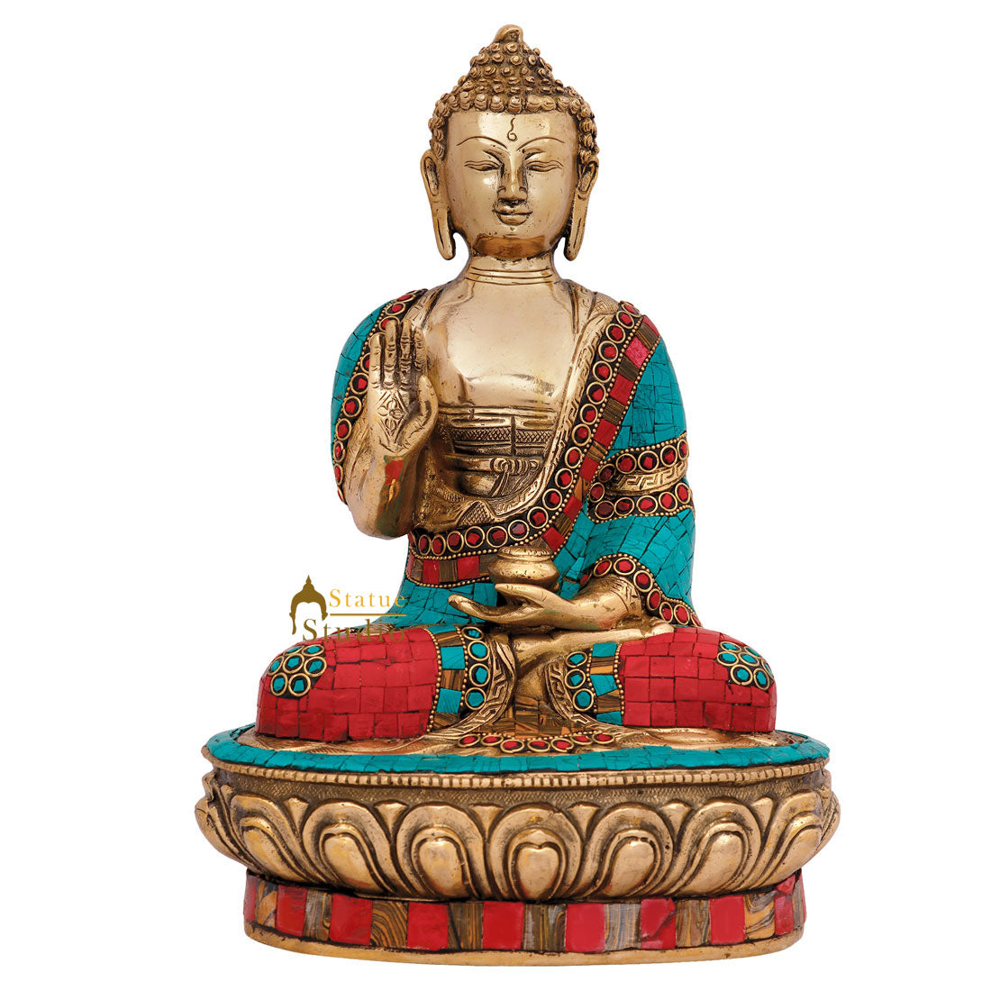 Indian Brass Chinese Buddhism Sakyamuni Buddha Statue Inlay Idol Décor Item 12" - Image 2