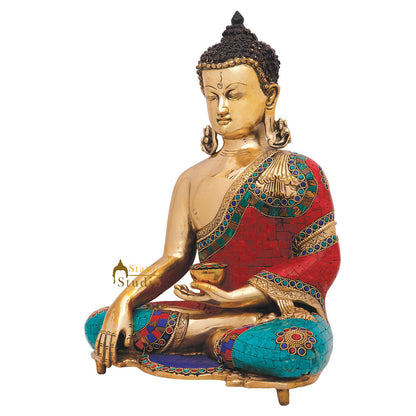 Turquoise Coral Inlay Large Buddha Sitting Décor Gift Idol Statue Murti 16" by vendor-unknown - Buddha (View 3)