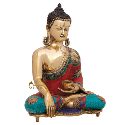 Turquoise Coral Inlay Large Buddha Sitting Décor Gift Idol Statue Murti 16" by vendor-unknown - Buddha (View 4)
