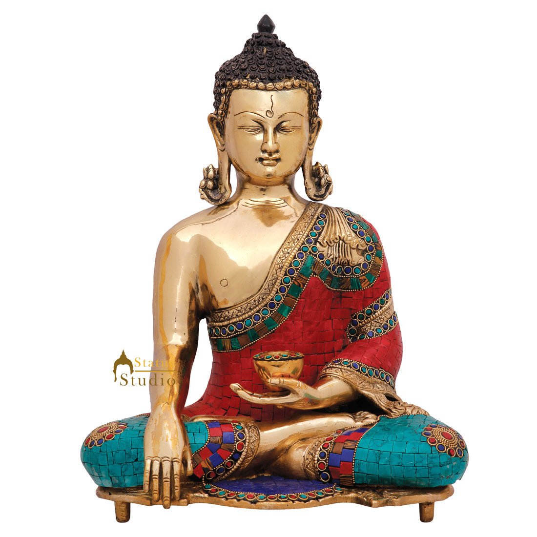 Turquoise Coral Inlay Large Buddha Sitting Décor Gift Idol Statue Murti 16" - Eco-friendly - Sama Homes
