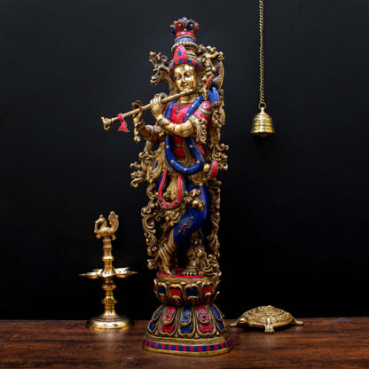 Brass Large Krishna Statue with Stonework 29" by StatueStudio by StatueStudio - Hindu Gods (View 3)
