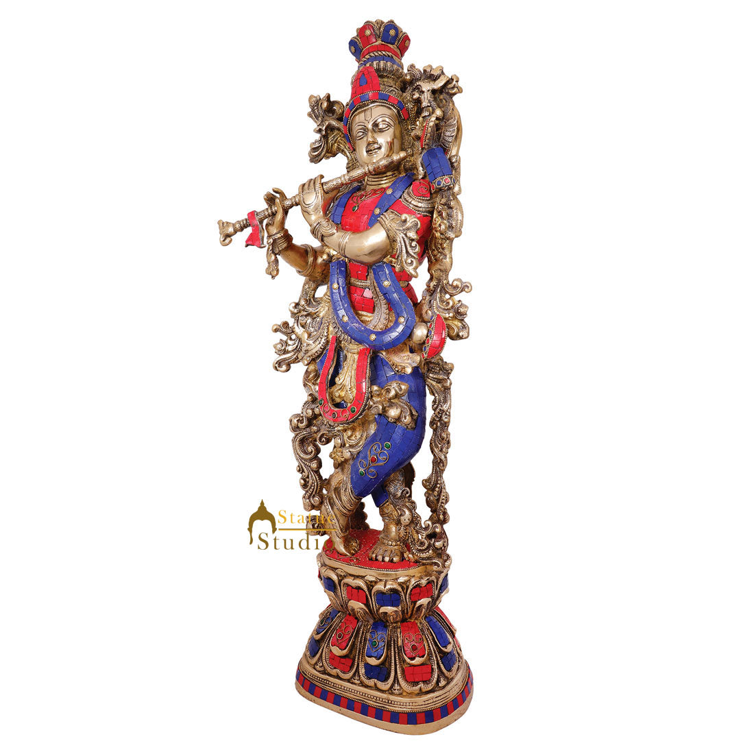 Brass Large Krishna Statue with Stonework 29" by StatueStudio
