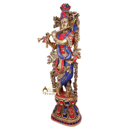 Brass Large Krishna Statue with Stonework 29" by StatueStudio by StatueStudio - Hindu Gods (View 8)