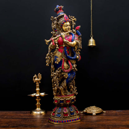 Brass Large Krishna Statue with Stonework 29" by StatueStudio by StatueStudio - Hindu Gods (View 4)
