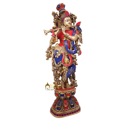 Brass Large Krishna Statue with Stonework 29" by StatueStudio by StatueStudio - Hindu Gods (View 10)