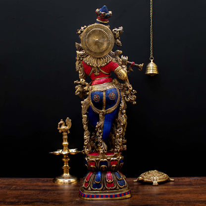 Brass Large Krishna Statue with Stonework 29" by StatueStudio by StatueStudio - Hindu Gods (View 5)