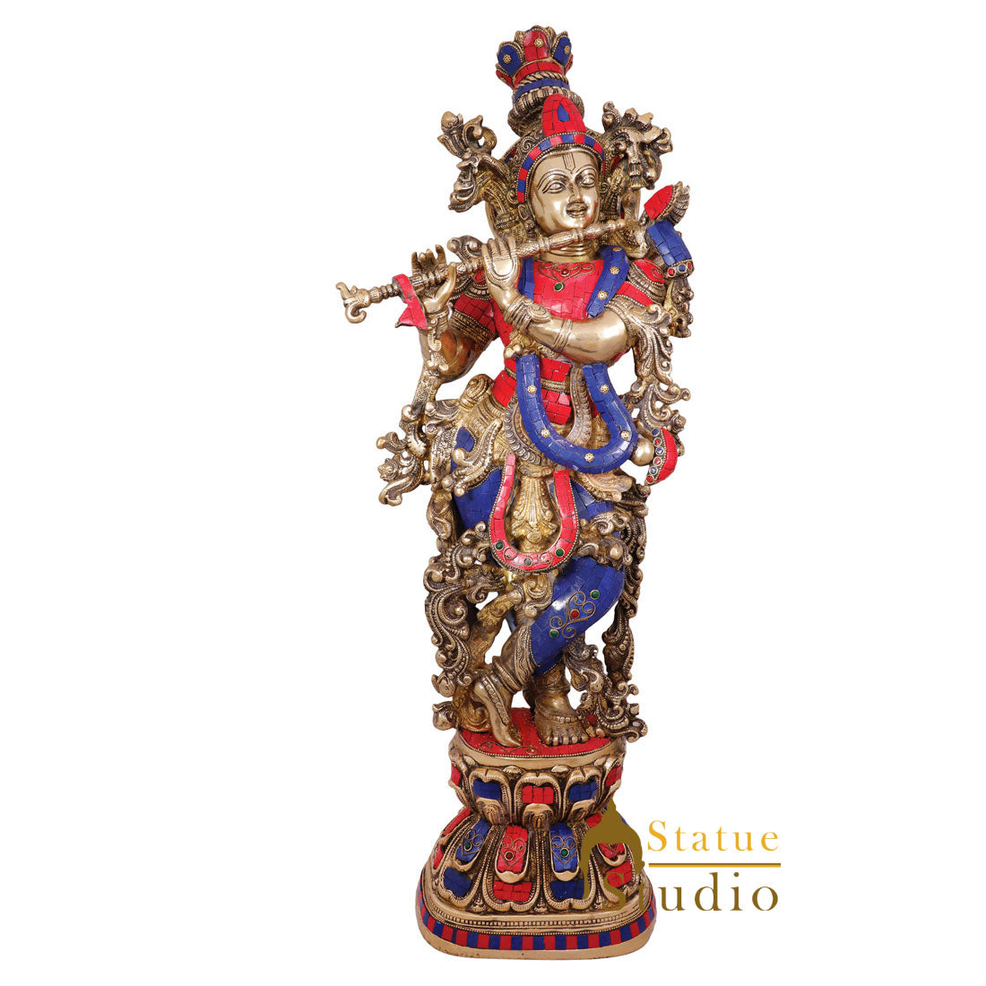 Brass Large Krishna Statue with Stonework 29" by StatueStudio - Image 9