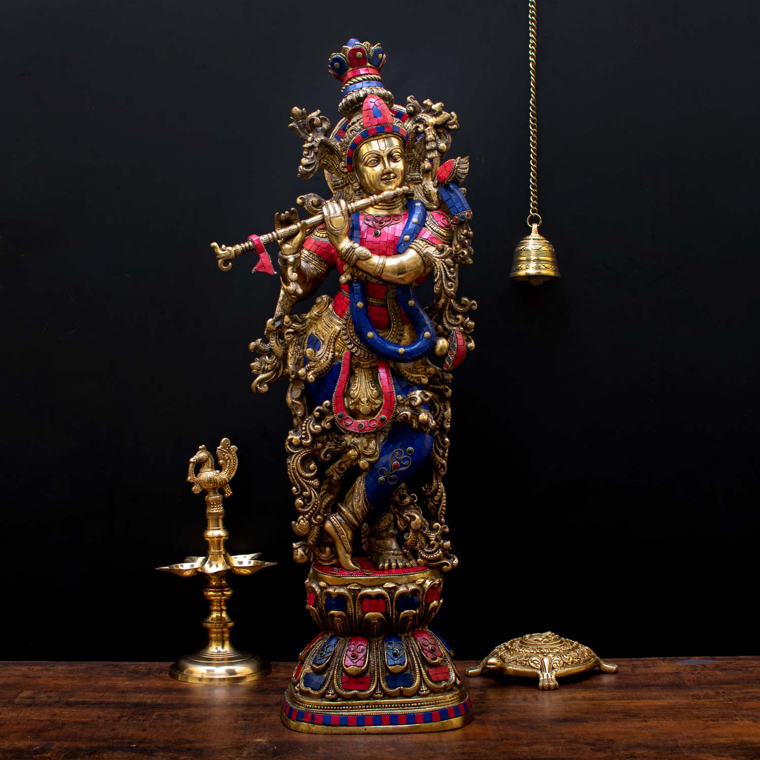 Brass Large Krishna Statue with Stonework 29" by StatueStudio - Eco-friendly - Sama Homes