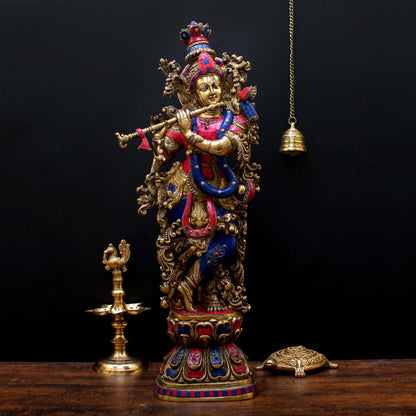 Brass Large Krishna Statue with Stonework 29" by StatueStudio by StatueStudio - Hindu Gods