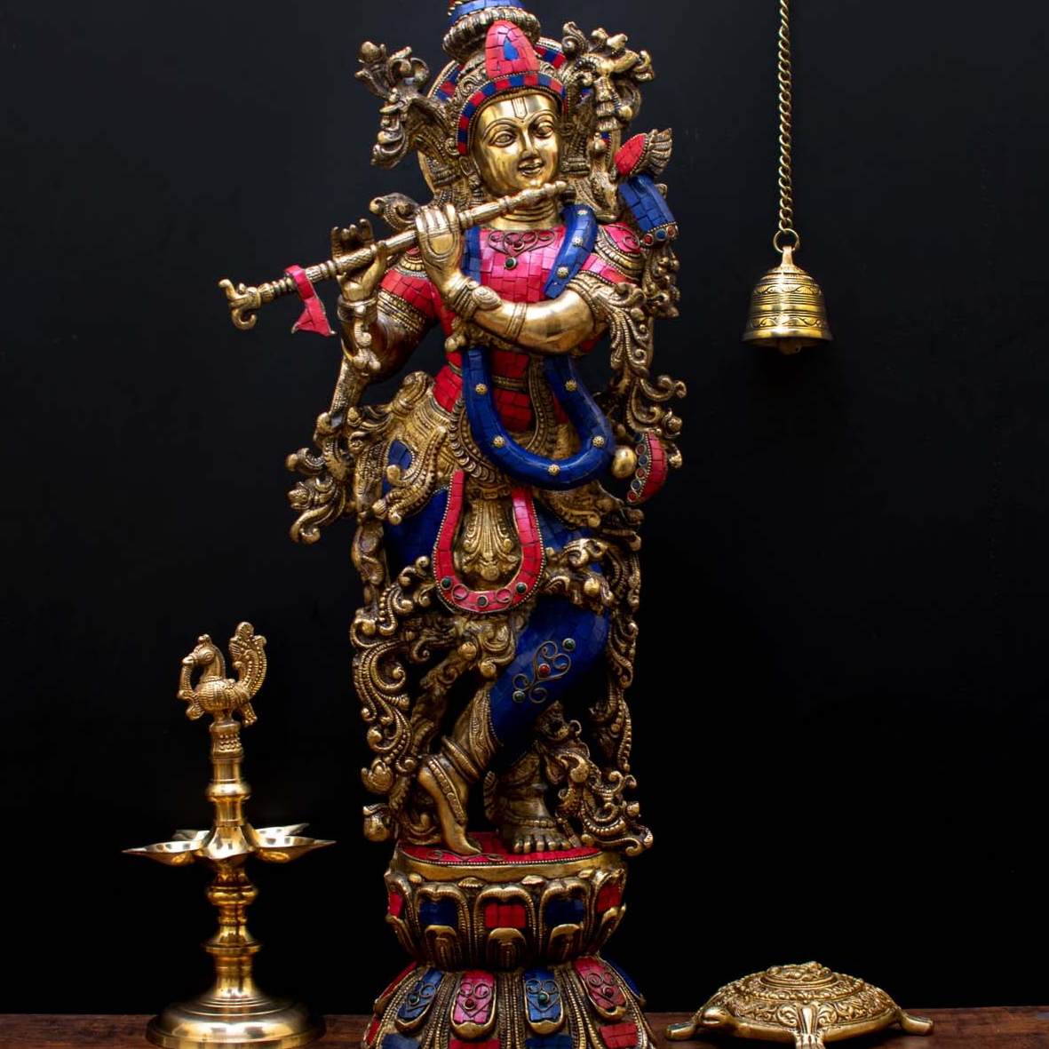 Brass Large Krishna Statue with Stonework 29" by StatueStudio - Image 2